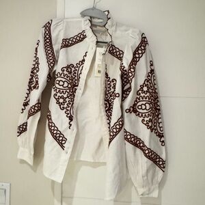 NWT Sezane White and Brown Embroidered Women's shirt